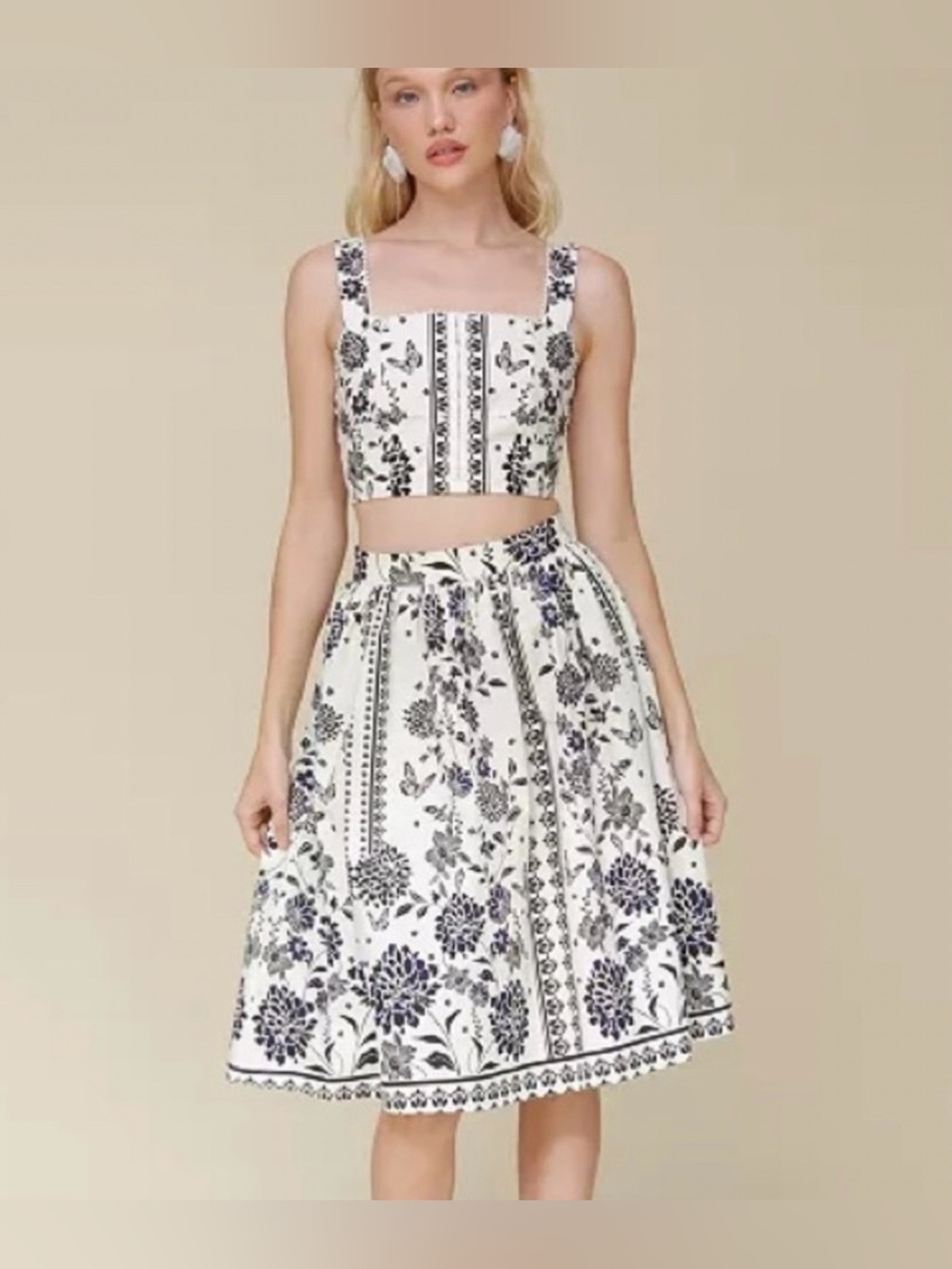 NWT AVEC LES FILLES Floral Print A-Line Midi Skirt and Crop Top Set
